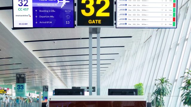 Digital signage for airport includes auto-updating gate displays.